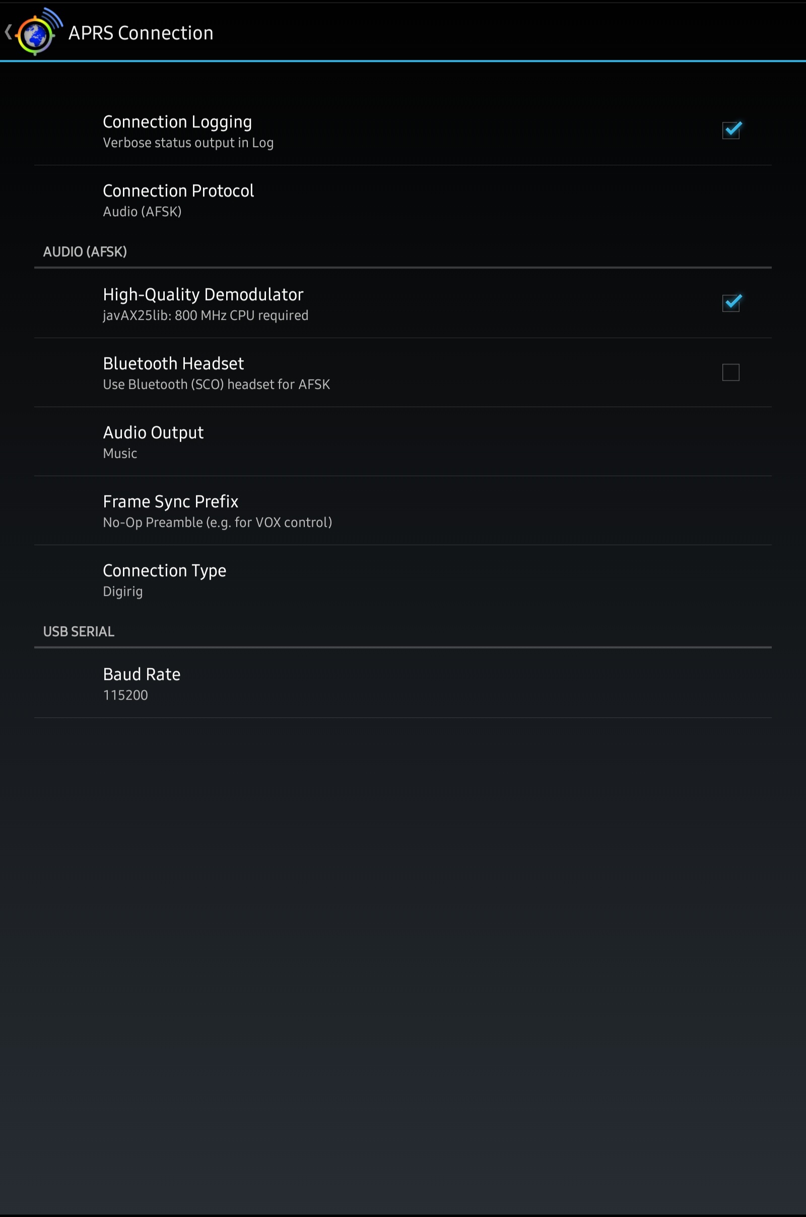 APRSdroid Configuration Screen